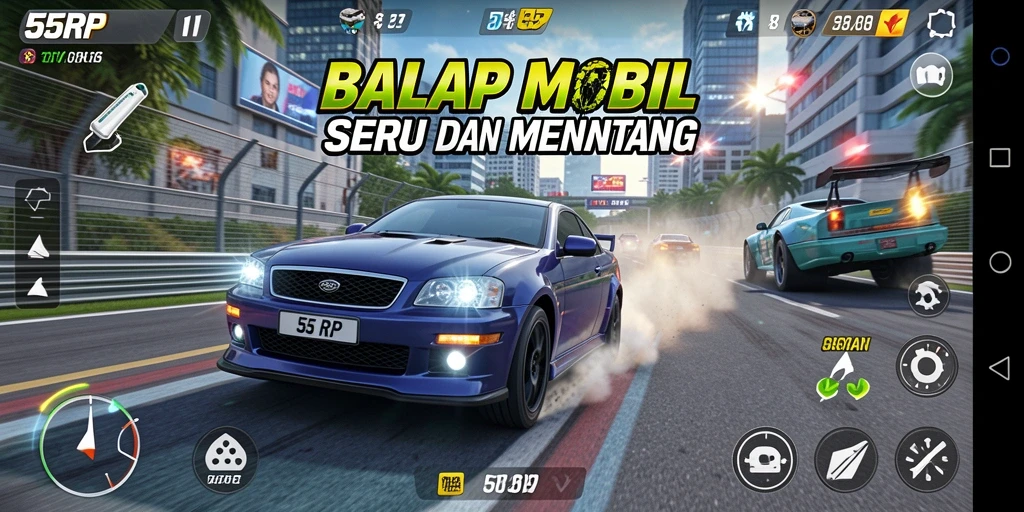 Gameplay seru balapan mobil di 55RP dengan grafis menarik.