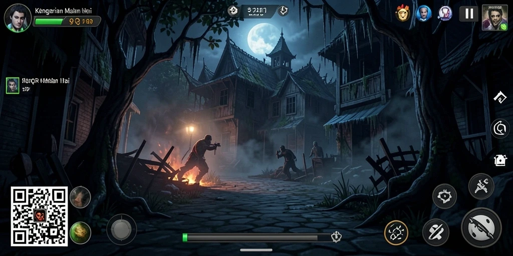 Screenshot gameplay 8QR menampilkan kegelapan dan suasana mencekam.