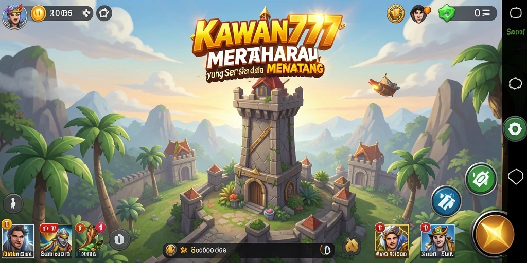 Tampilan permainan KAWAN777 dengan menara pertahanan yang menawan.