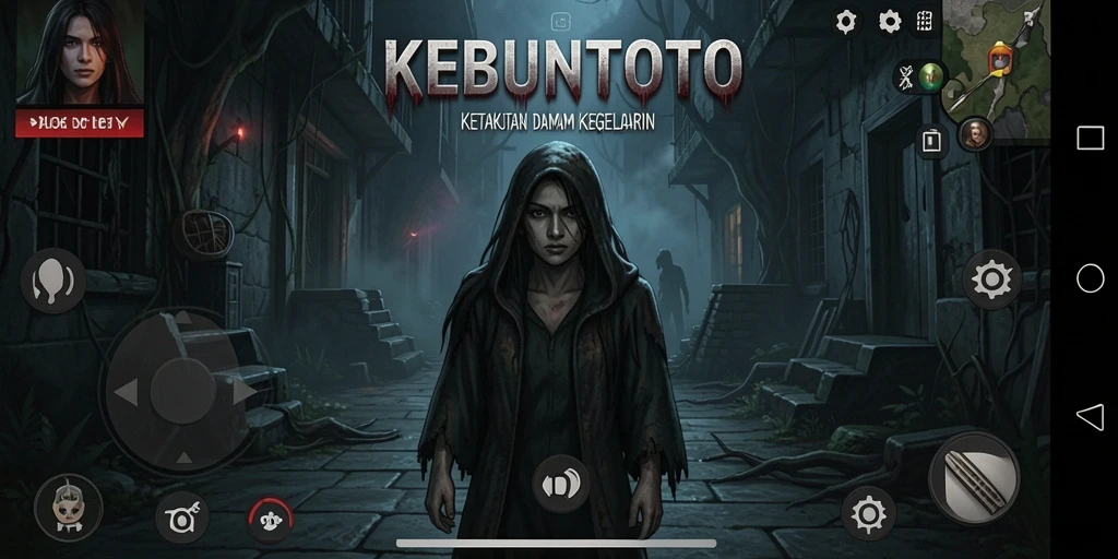 Screenshot gameplay KEBUNTOTO menunjukkan momen mencekam dalam kegelapan.