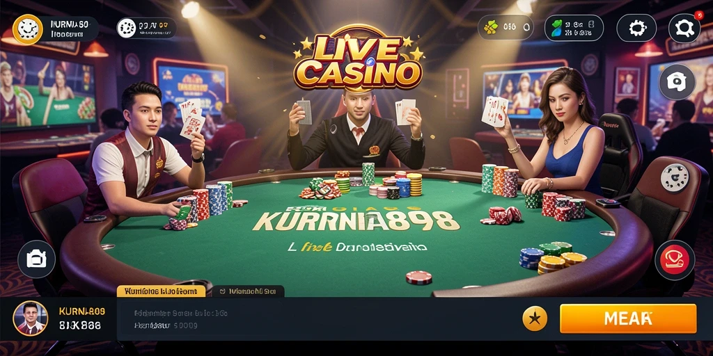 Screenshot gameplay KURNIA898 menampilkan dealer live dan meja permainan yang menarik.