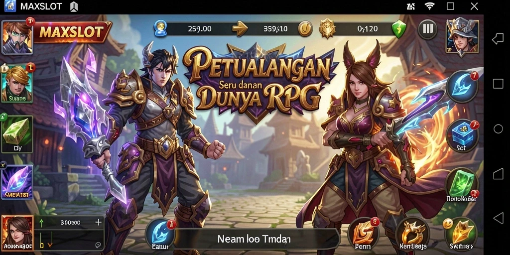 Screenshot MAXSLOT menampilkan karakter dan pertempuran yang mendebarkan.