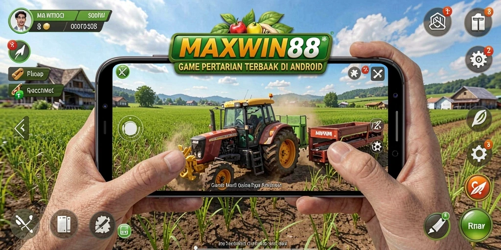 Screenshot MAXWIN88 menampilkan petani beraktivitas di ladang yang subur.