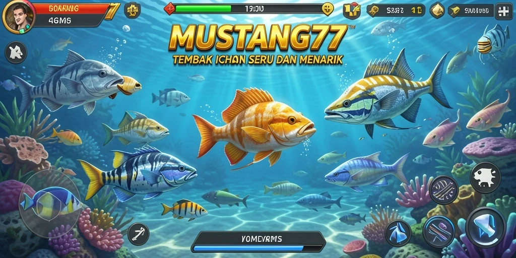 Tampilan gameplay MUSTANG77 yang seru dengan berbagai ikan berwarna-warni.