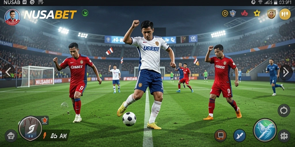 Screenshot menampilkan aksi seru dalam permainan sepak bola NUSABET.