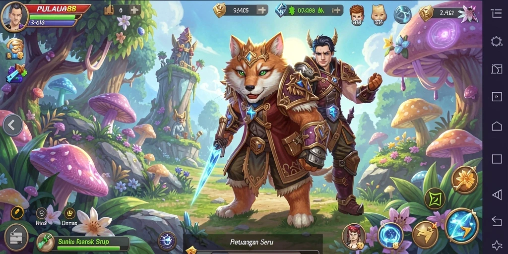 Tangkapan layar gameplay PULAU88 yang menampilkan pertarungan epik di dunia fantasi.
