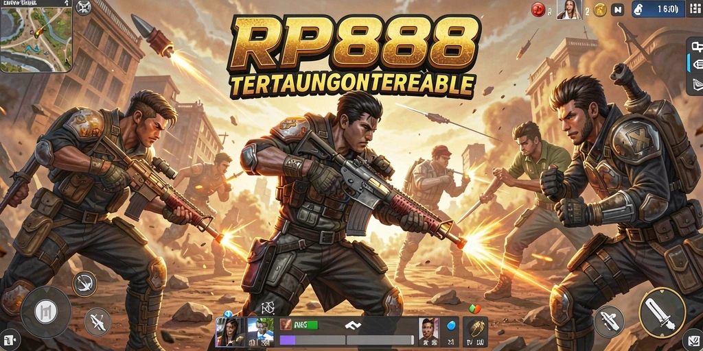 Screenshot utama RP888 menunjukkan aksi seru dalam permainan Battle Royale.