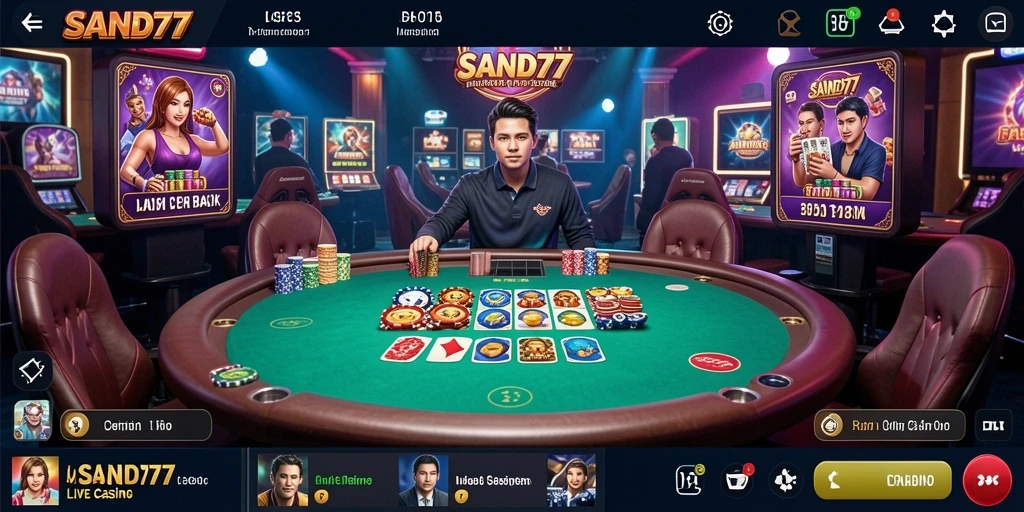Tangkapan layar gameplay SAND77 menampilkan dealer profesional dan meja permainan.